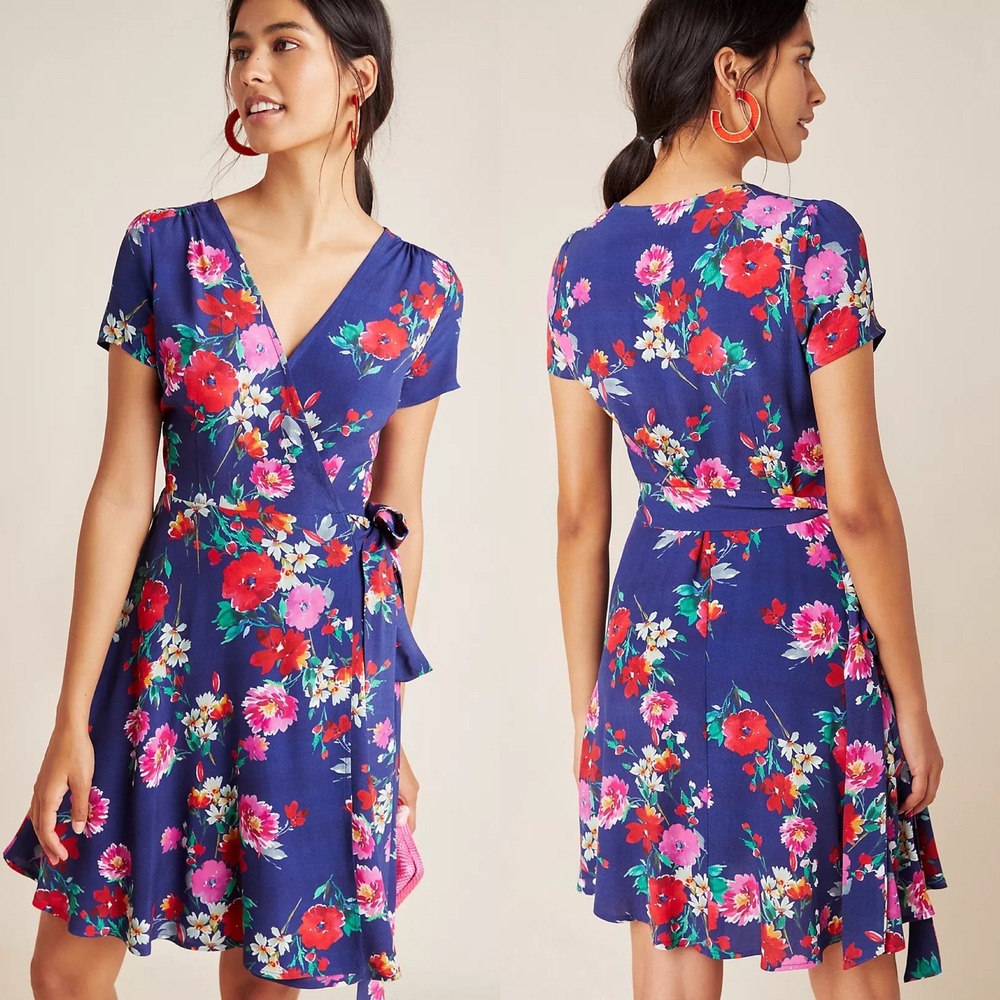 Anthropologie Yumi Kim Kennedy Wrap Dress XS Blue Floral Feminine Mini Flowy
